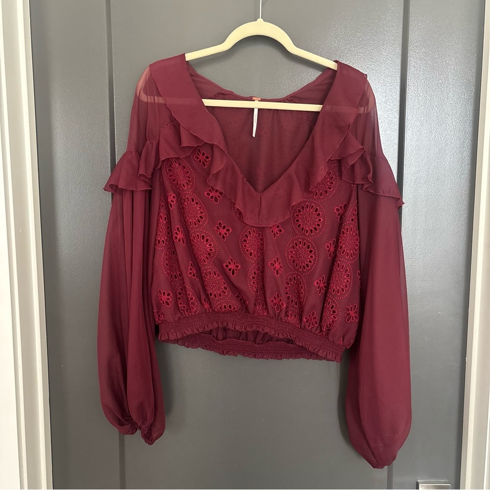 Free People Burgundy Eyelet Ruffle Blouse M